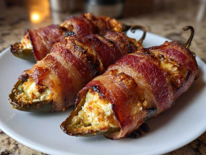 Close-up of three perfectly cooked Prosciutto Wrapped Jalapeno Poppers stuffed with cheese on a white plate.
