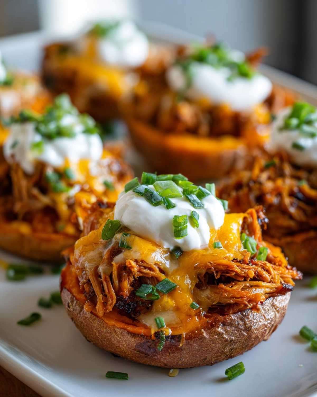 Close-up of a Pulled Pork Loaded Sweet Potato Bite topped with melted cheese, sour cream, and chives.