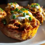 Close-up of Pulled Pork Loaded Sweet Potato Bites topped with cheese, sour cream, and chives.