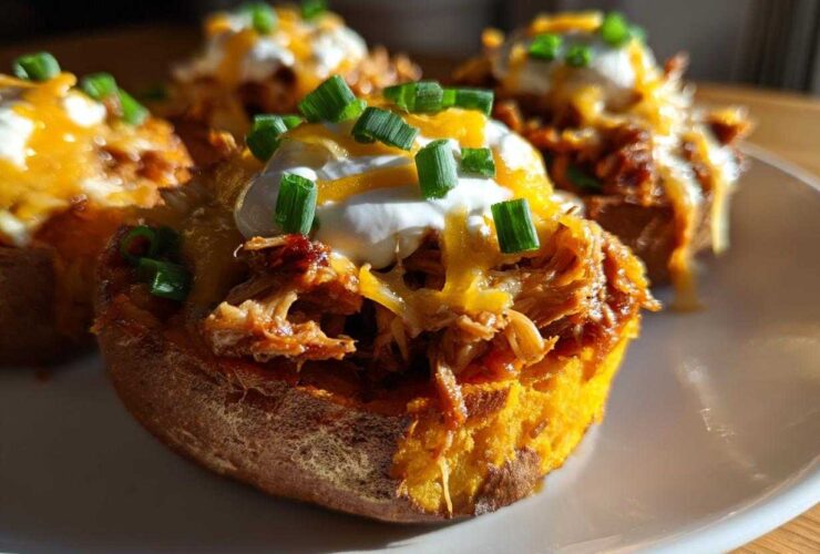 Close-up of Pulled Pork Loaded Sweet Potato Bites topped with cheese, sour cream, and chives.