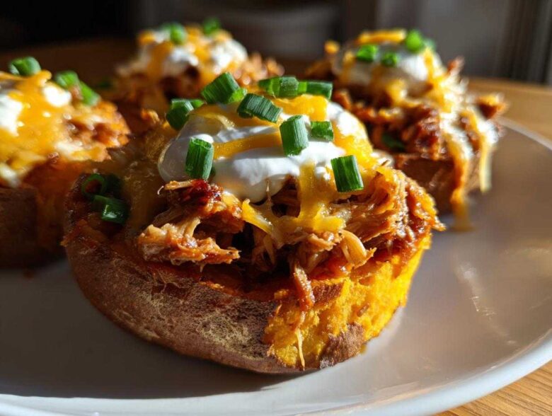 Close-up of Pulled Pork Loaded Sweet Potato Bites topped with cheese, sour cream, and chives.