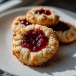 A close-up of a golden baked Raspberry Chia Jam Thumbprint Cookie with bright red jam filling on a white plate.