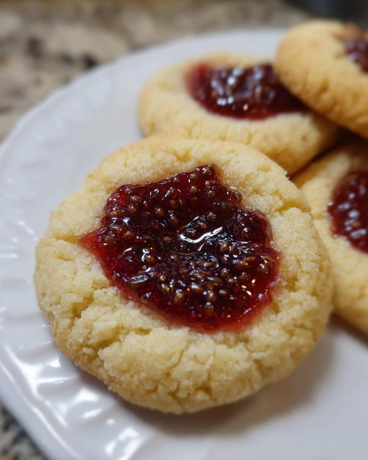 Close-up of a buttery thumbprint cookie filled with glistening Raspberry Chia Jam Thumbprint Cookies filling.
