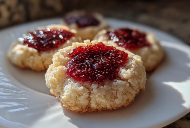 Close-up of soft Raspberry Chia Jam Thumbprint Cookies with bright red jam centers on a white plate.