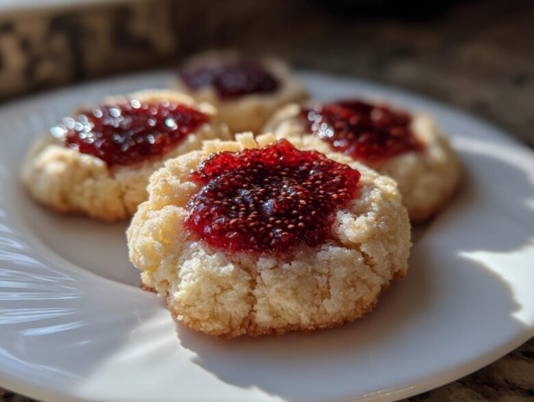 Close-up of soft Raspberry Chia Jam Thumbprint Cookies with bright red jam centers on a white plate.