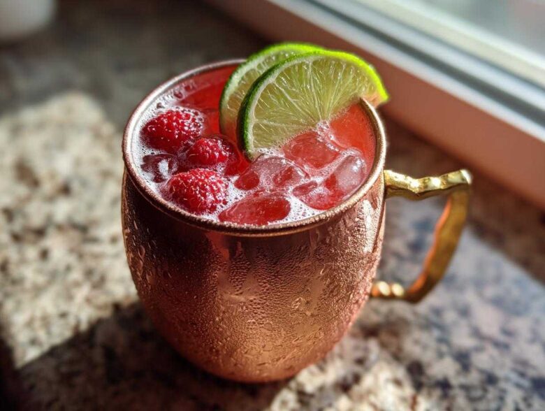 Close-up of a vibrant Raspberry Moscow Mule cocktail filled with ice and fresh raspberries, garnished with lime slices in a frosty copper mug.