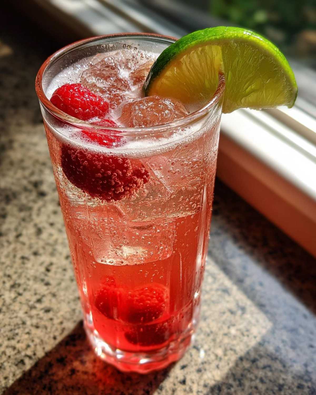 A tall glass filled with a fizzy, pink Raspberry Moscow Mule, garnished with fresh raspberries and a lime wedge.