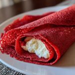 Close-up of a rolled Red Velvet Crepes with Sweet Cream Cheese Filling showing the bright red, lacy crepe texture.
