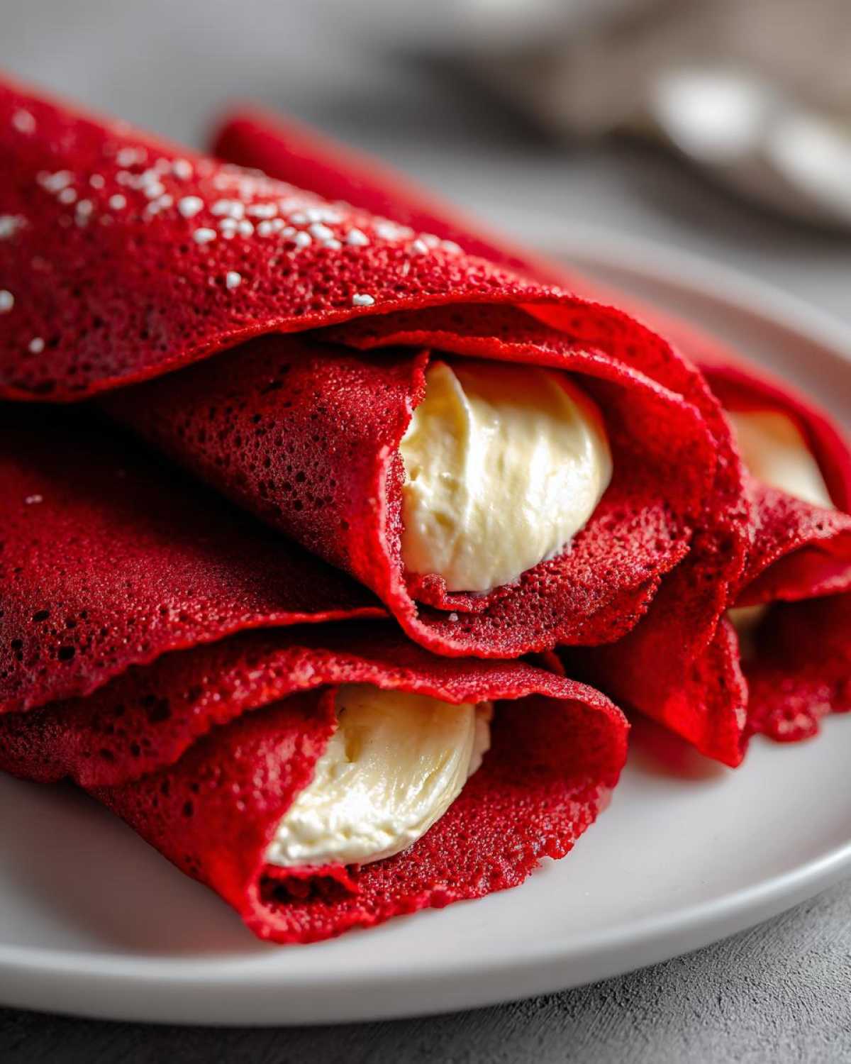 Close-up of rolled Red Velvet Crepes with Sweet Cream Cheese Filling spilling out, dusted with white sprinkles.