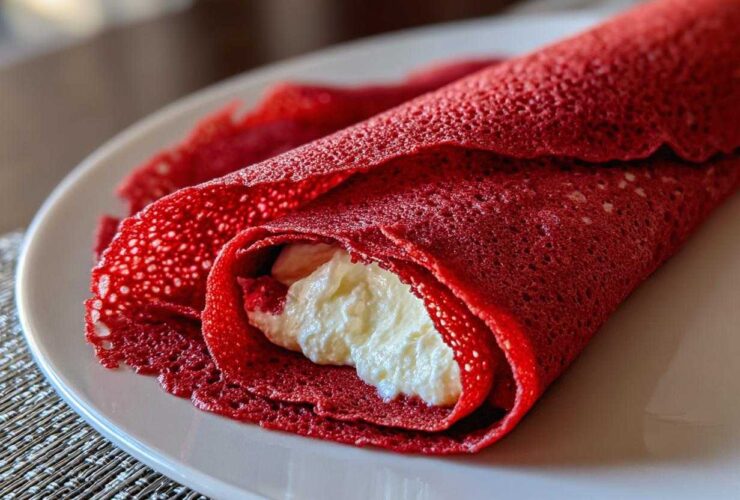 Close-up of a rolled Red Velvet Crepes with Sweet Cream Cheese Filling showing the bright red, lacy crepe texture.