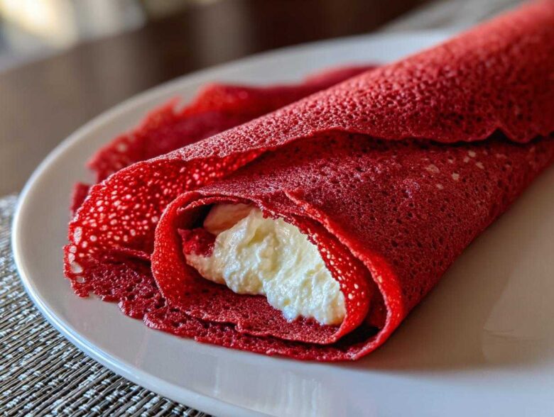 Close-up of a rolled Red Velvet Crepes with Sweet Cream Cheese Filling showing the bright red, lacy crepe texture.