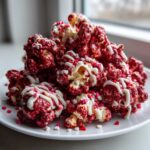 A tempting mound of vibrant Red Velvet Popcorn drizzled with white chocolate and topped with heart sprinkles.