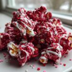 A pile of vibrant Red Velvet Popcorn drizzled with white chocolate and topped with heart sprinkles.