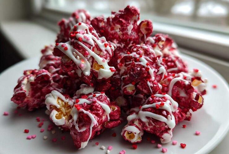 A pile of vibrant Red Velvet Popcorn drizzled with white chocolate and topped with heart sprinkles.