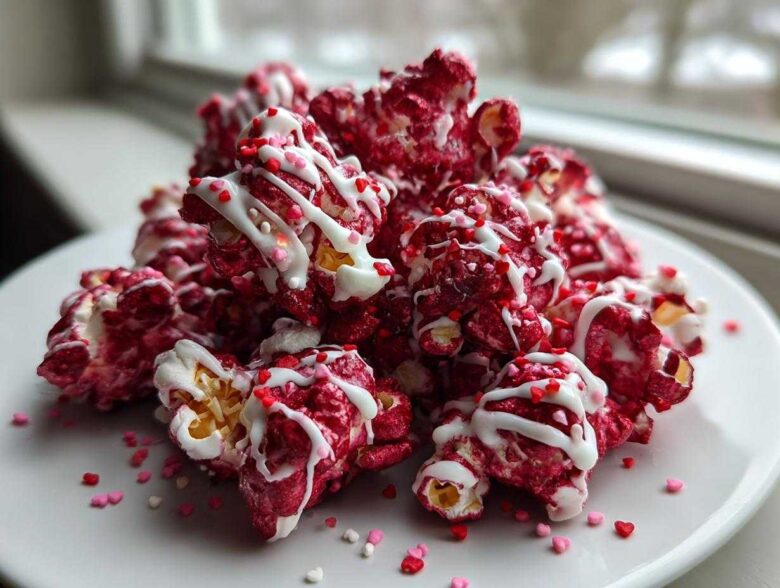 A pile of vibrant Red Velvet Popcorn drizzled with white chocolate and topped with heart sprinkles.