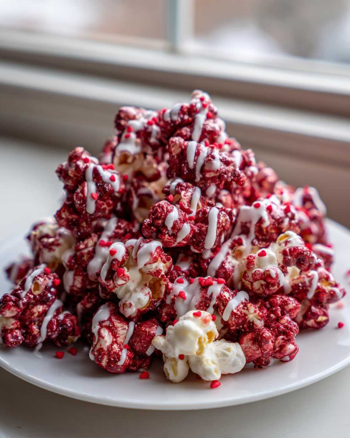 A mound of vibrant Red Velvet Popcorn drizzled with white icing and sprinkled with tiny red heart candies.