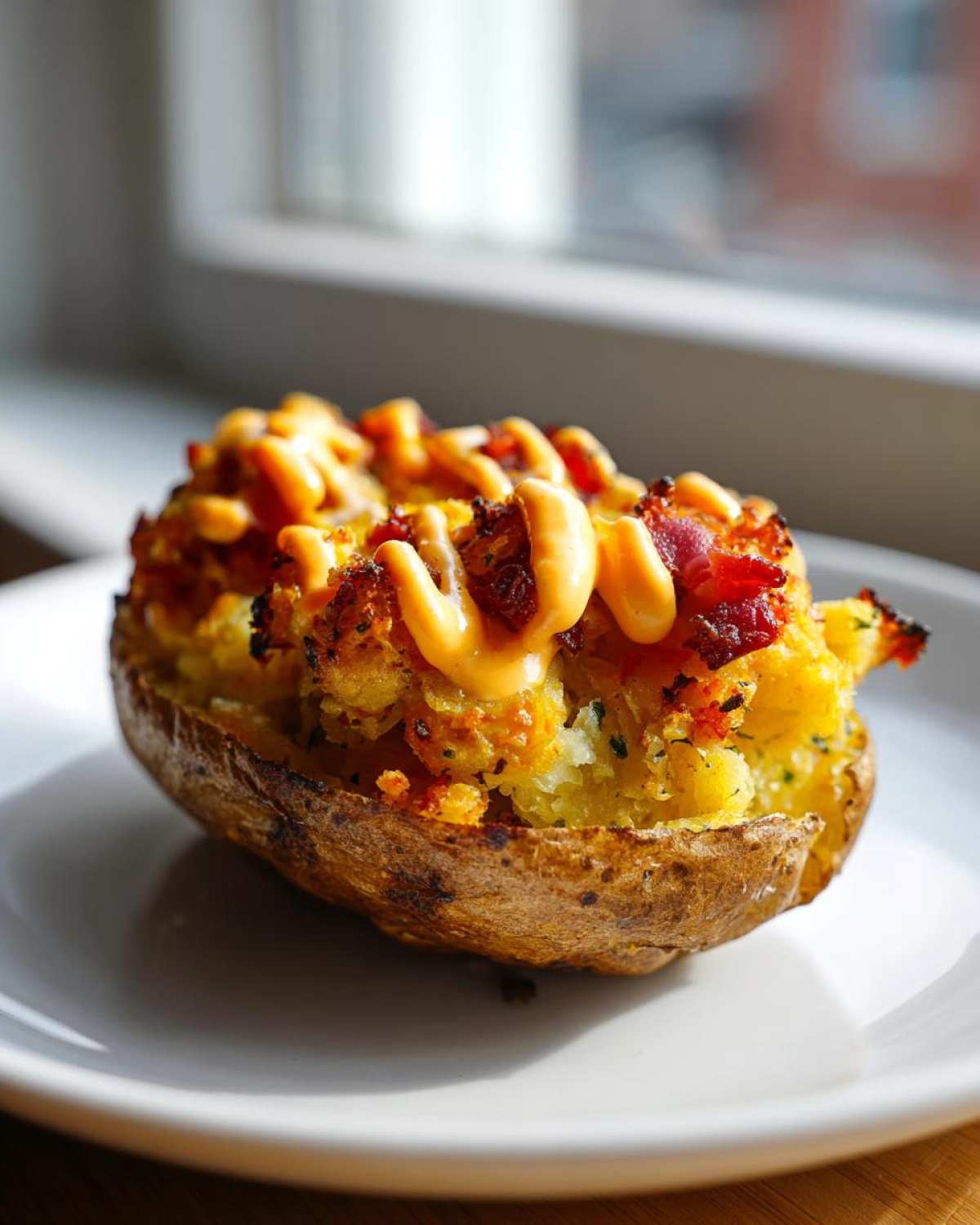 A single, crispy baked potato skin generously filled and topped with ingredients, drizzled with a signature orange sauce, resembling Reuben Stuffed Potato Skins.