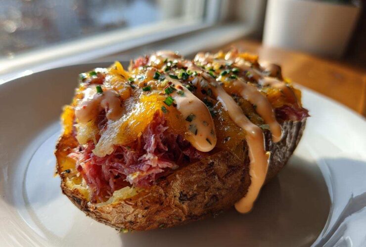 A single, fully loaded Reuben stuffed potato skins topped with corned beef, melted cheddar cheese, and a drizzle of Russian dressing.