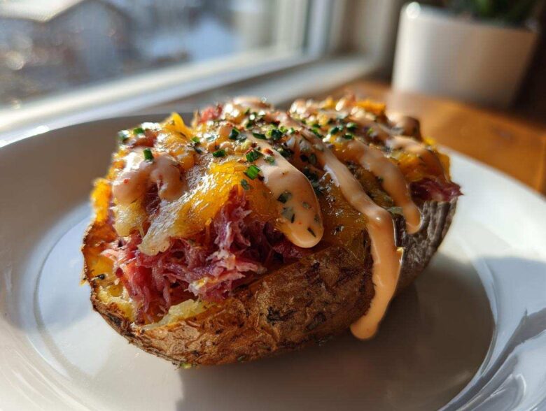 A single, fully loaded Reuben stuffed potato skins topped with corned beef, melted cheddar cheese, and a drizzle of Russian dressing.