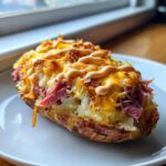 A close-up of a baked potato skin filled with corned beef, sauerkraut, melted cheese, and drizzled with dressing, showcasing Reuben Stuffed Potato Skins.