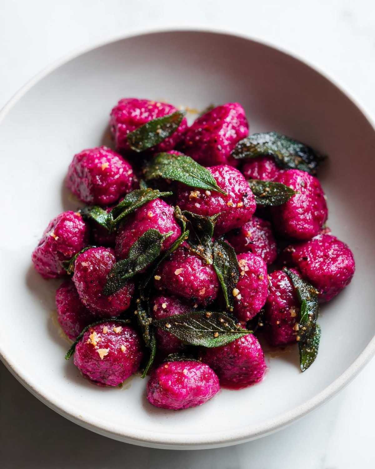 Close-up of vibrant pink Roasted Beet Gnocchi with crispy sage leaves in a white bowl.