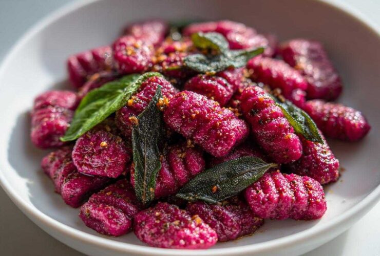 Close-up of vibrant pink Roasted Beet Gnocchi with Sage Butter, garnished with crispy sage leaves and seasoning.