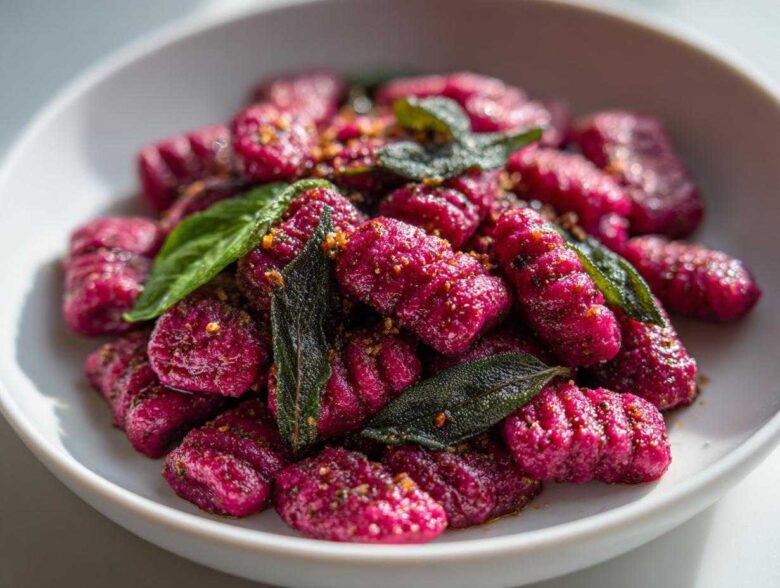 Close-up of vibrant pink Roasted Beet Gnocchi with Sage Butter, garnished with crispy sage leaves and seasoning.
