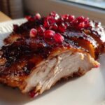 Close-up of sliced Roasted Chicken with Pomegranate Glaze showing juicy white meat and shiny topping.
