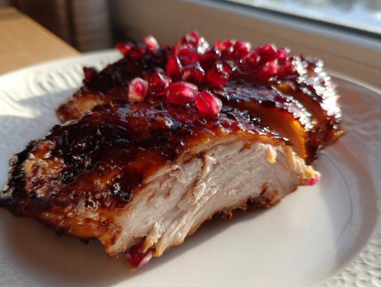Close-up of sliced Roasted Chicken with Pomegranate Glaze showing juicy white meat and shiny topping.