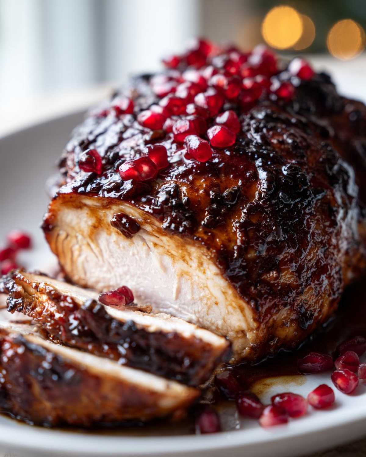 Close-up of sliced Roasted Chicken with Pomegranate Glaze, showing moist white meat and dark, sticky glaze topped with fresh pomegranate seeds.