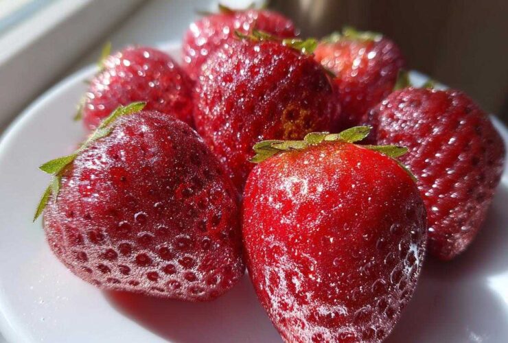 Close-up of vibrant red Rose Gold Metallic Dusted Strawberries glistening on a white plate in bright light.