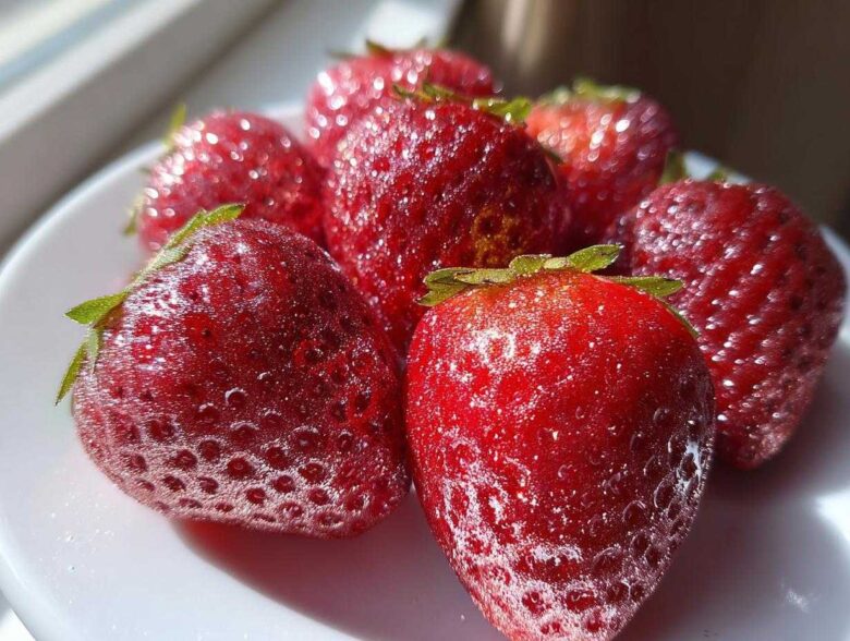 Close-up of vibrant red Rose Gold Metallic Dusted Strawberries glistening on a white plate in bright light.