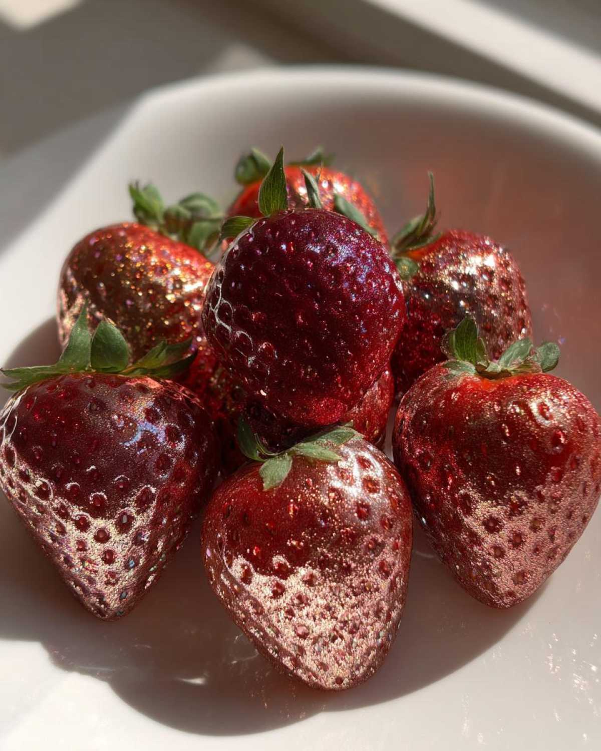 A close-up of several vibrant red Rose Gold Metallic Dusted Strawberries piled in a white bowl.