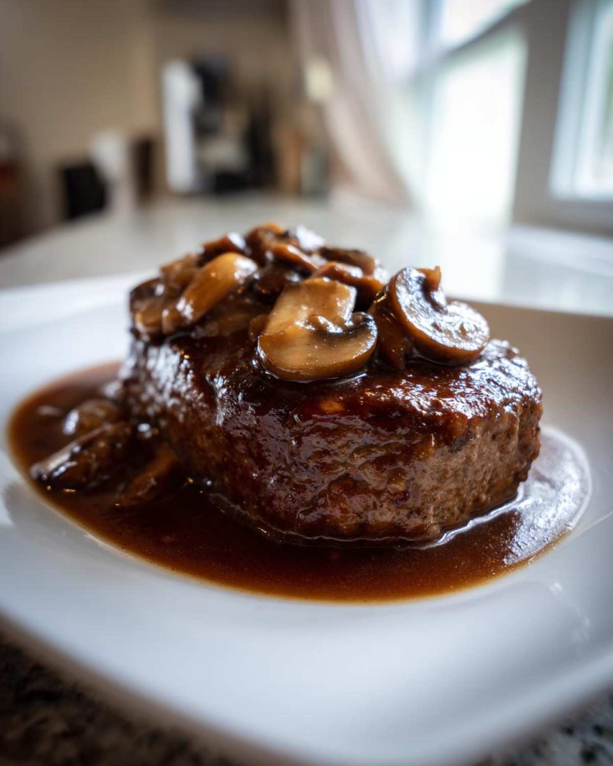 A perfectly cooked Salisbury steak smothered in rich mushroom gravy and topped with sautéed mushrooms.