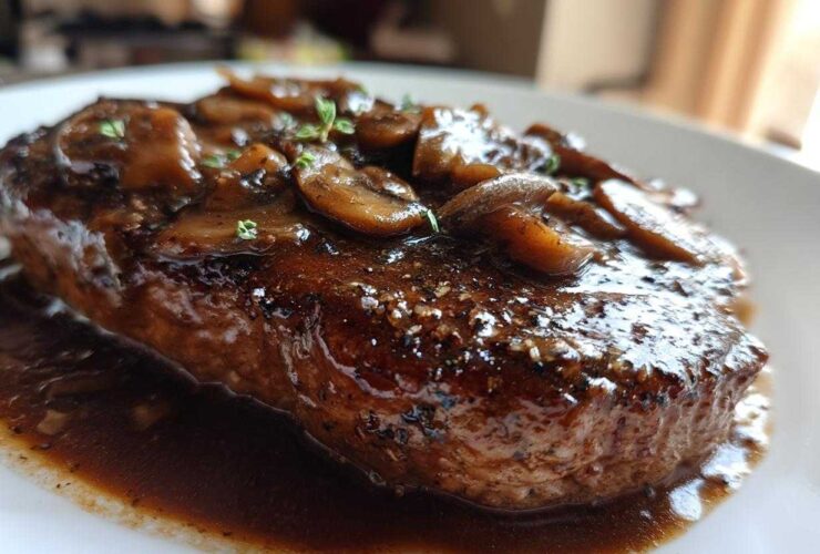 Close-up of a perfectly cooked Salisbury steak smothered in rich mushroom gravy and fresh thyme.