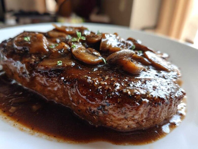 Close-up of a perfectly cooked Salisbury steak smothered in rich mushroom gravy and fresh thyme.
