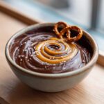 A bowl of rich Salted Caramel Chocolate Fondue swirled with caramel and topped with flaky salt and a mini pretzel.