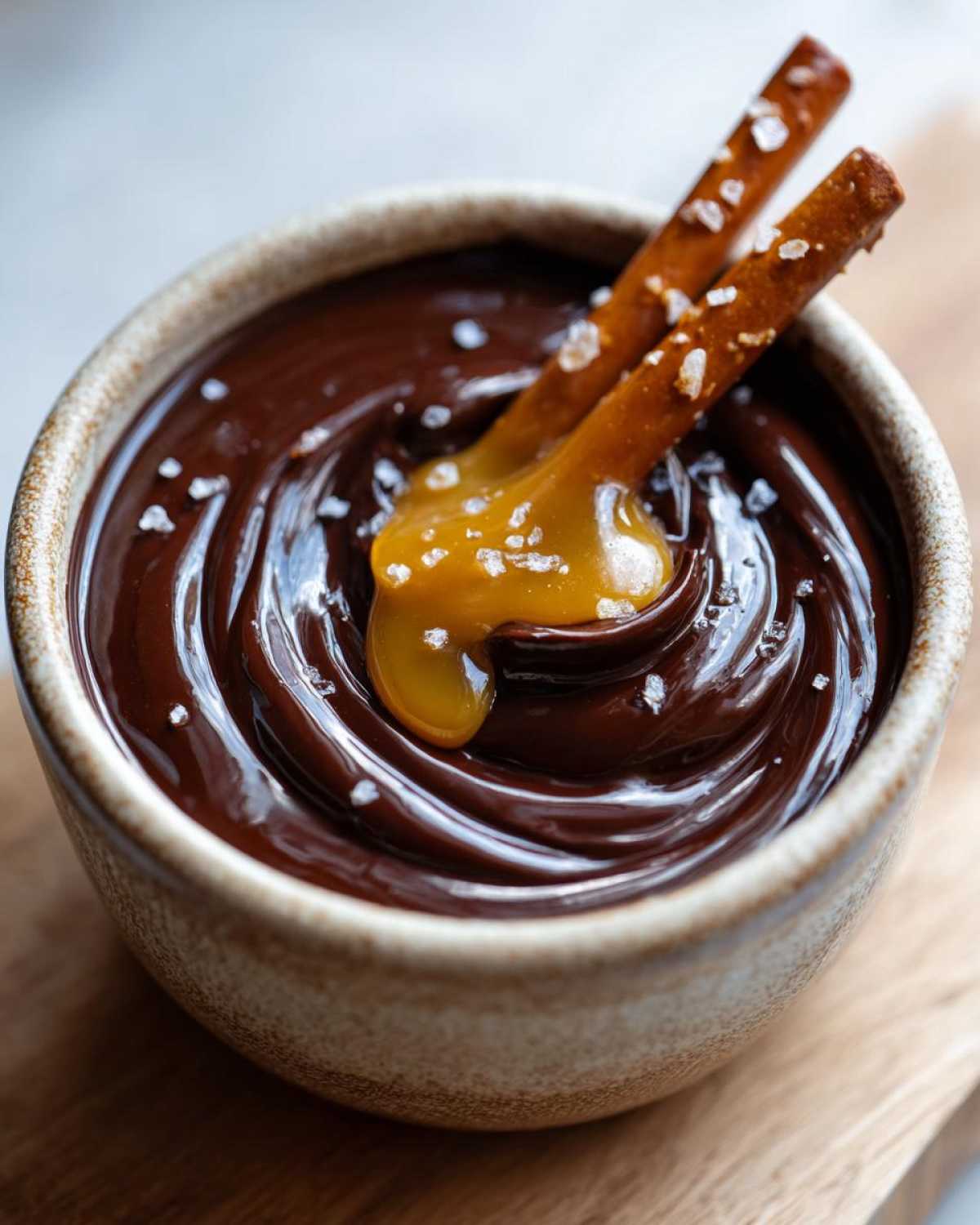 Close-up of a pretzel rod dipped into rich Salted Caramel Chocolate Fondue, topped with sea salt flakes.