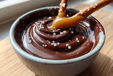 A pretzel dipped in rich, swirled Salted Caramel Chocolate Fondue topped with flaky sea salt.