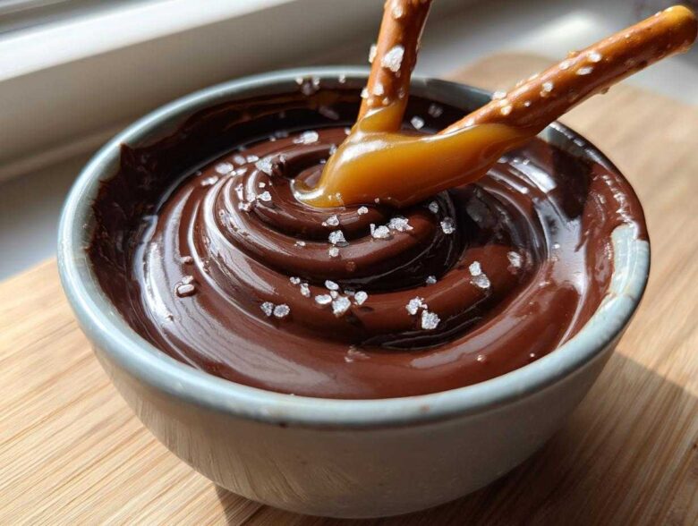 A pretzel dipped in rich, swirled Salted Caramel Chocolate Fondue topped with flaky sea salt.