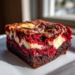 A rich, layered square of Salted Caramel Red Velvet Brownies showing deep red cake, cream cheese swirl, and dark chocolate base.