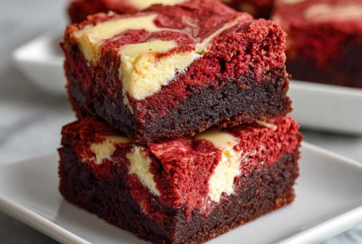 Two stacked, rich Salted Caramel Red Velvet Brownies featuring a dark chocolate base and a vibrant red top layer swirled with cream cheese.