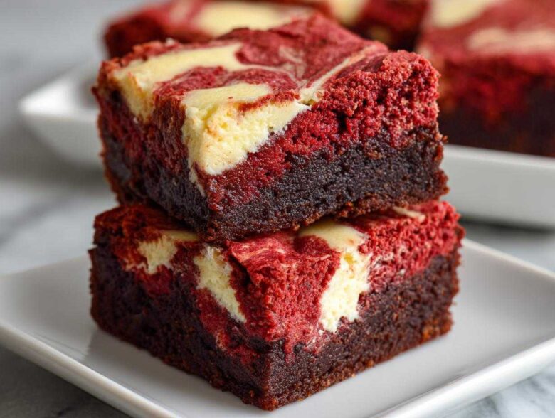 Two stacked, rich Salted Caramel Red Velvet Brownies featuring a dark chocolate base and a vibrant red top layer swirled with cream cheese.