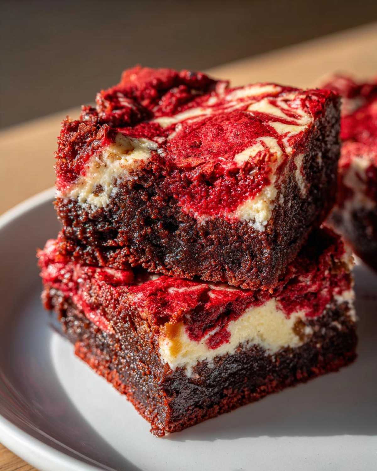 Two stacked, fudgy Salted Caramel Red Velvet Brownies with a vibrant red and cream cheese swirl topping.