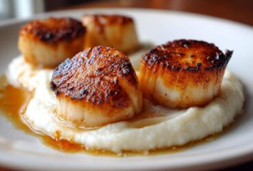 Close-up of perfectly seared scallops resting on a bed of creamy cauliflower puree with pan sauce.