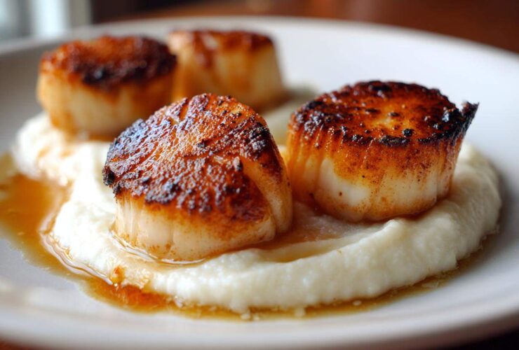 Close-up of perfectly seared scallops resting on a bed of creamy cauliflower puree with pan sauce.