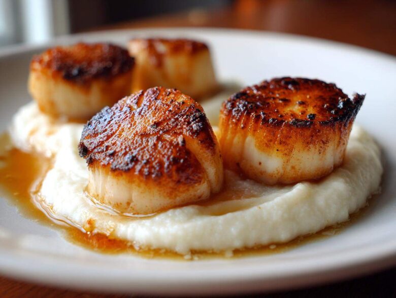 Close-up of perfectly seared scallops resting on a bed of creamy cauliflower puree with pan sauce.