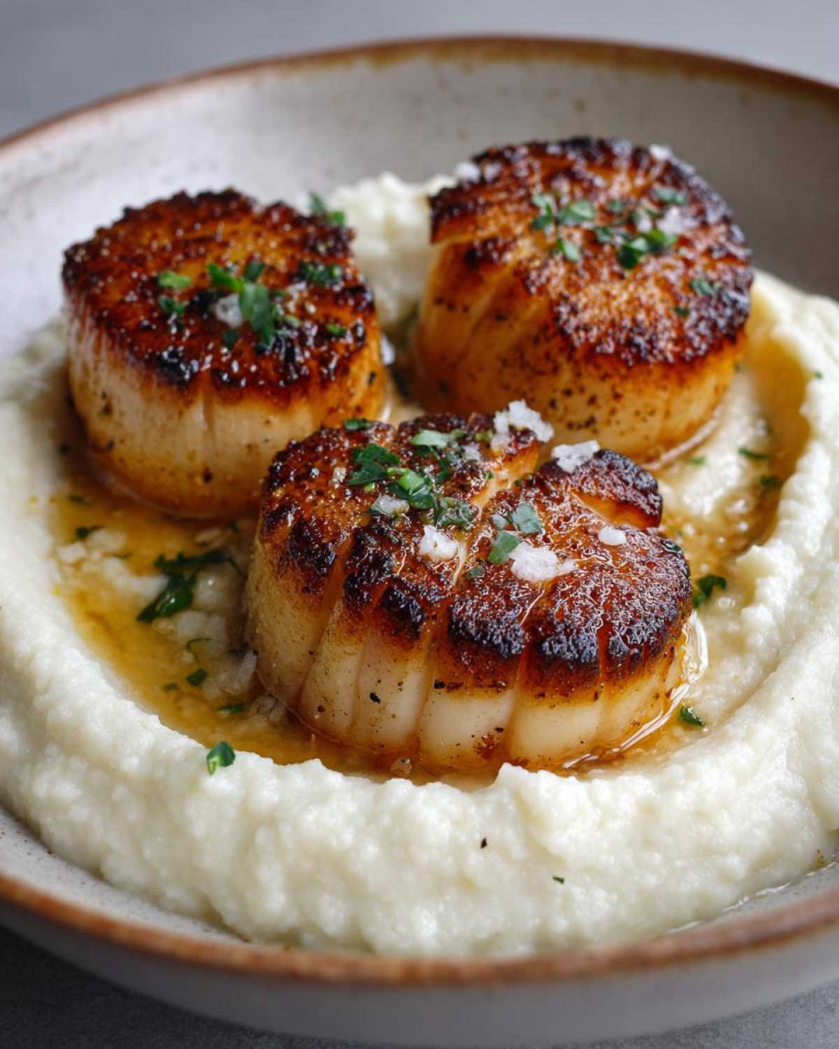 Three perfectly seared scallops resting on a bed of creamy cauliflower puree, drizzled with butter sauce.