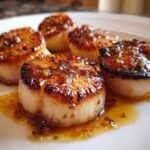 Five perfectly seared scallops resting in a pool of glistening grapefruit brown butter sauce on a white plate.