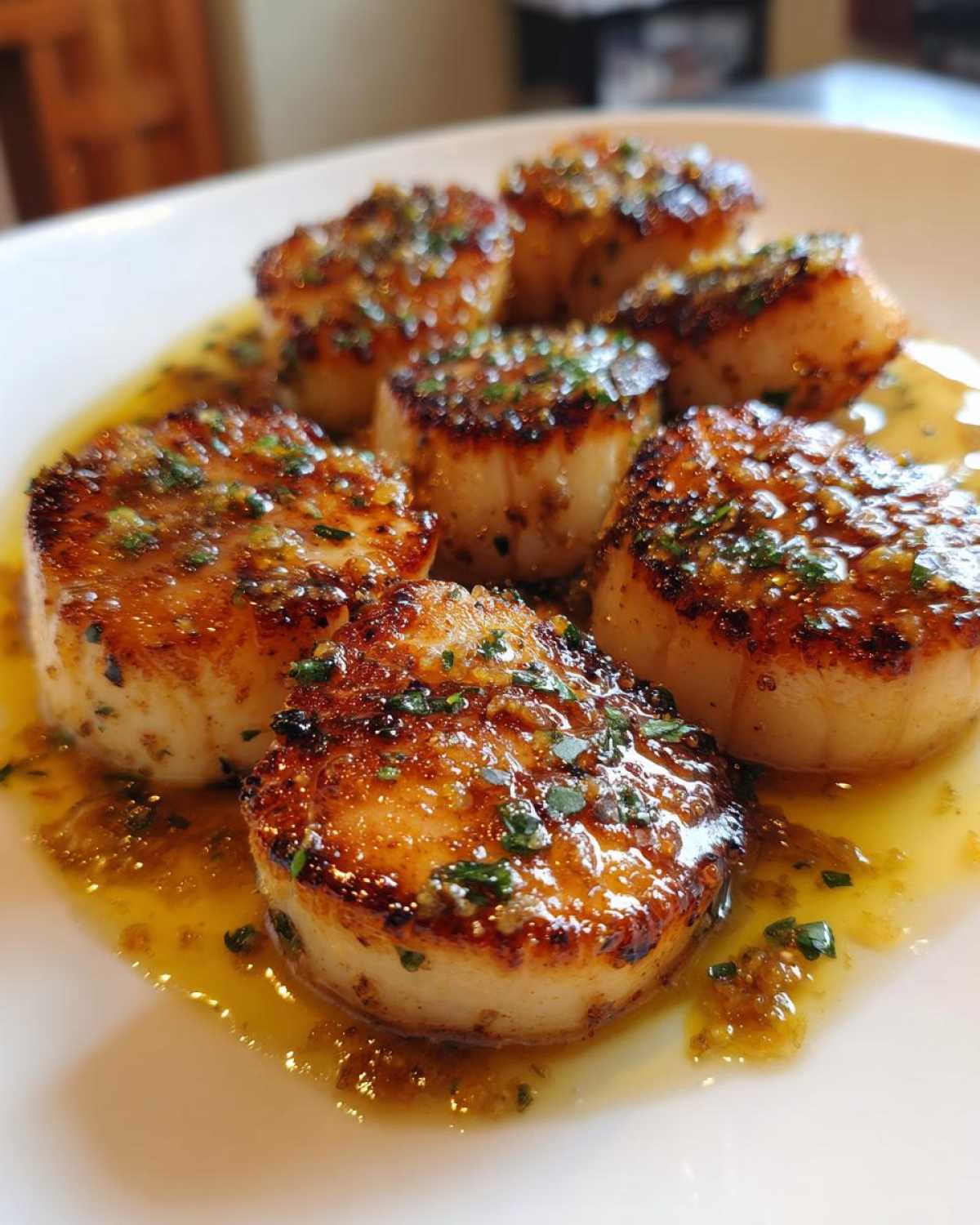 Close-up of perfectly seared scallops topped with herbs, swimming in grapefruit brown butter sauce.